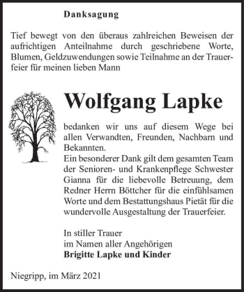 Traueranzeige von Wolfgang Lapke  von Magdeburger Volksstimme