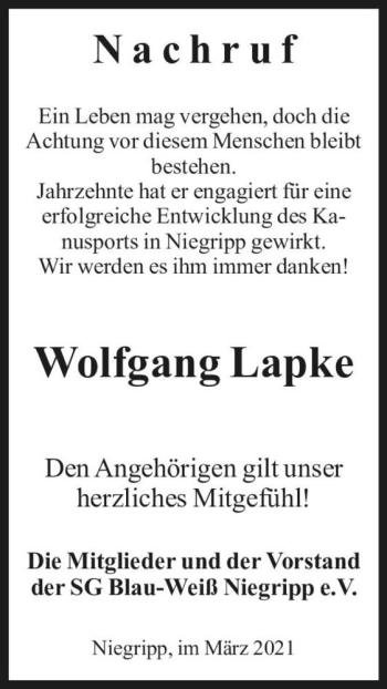 Traueranzeige von Wolfgang Lapke  von Magdeburger Volksstimme