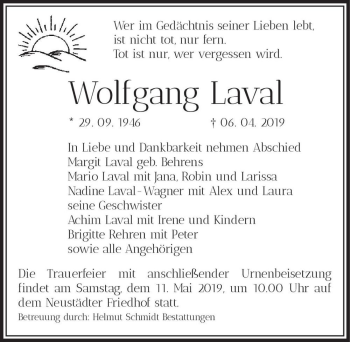 Traueranzeige von Wolfgang Laval  von Magdeburger Volksstimme