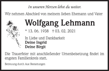 Traueranzeige von Wolfgang Lehmann  von Magdeburger Volksstimme
