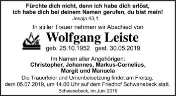 Traueranzeige von Wolfgang Leiste  von Magdeburger Volksstimme