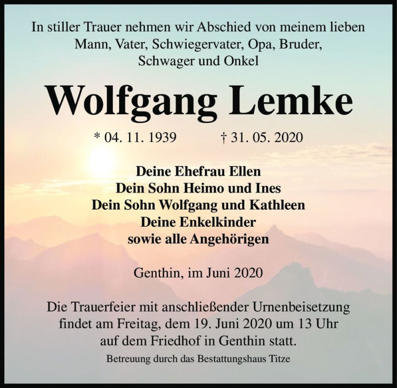  Traueranzeige für Wolfgang Lemke  vom 06.06.2020 aus Magdeburger Volksstimme