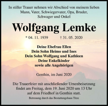 Traueranzeige von Wolfgang Lemke  von Magdeburger Volksstimme