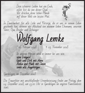 Traueranzeige von Wolfgang Lemke  von Magdeburger Volksstimme