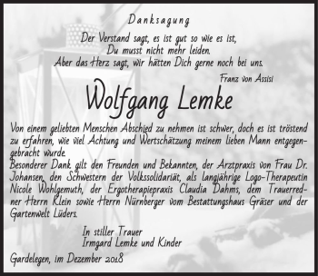 Traueranzeige von Wolfgang Lemke  von Magdeburger Volksstimme
