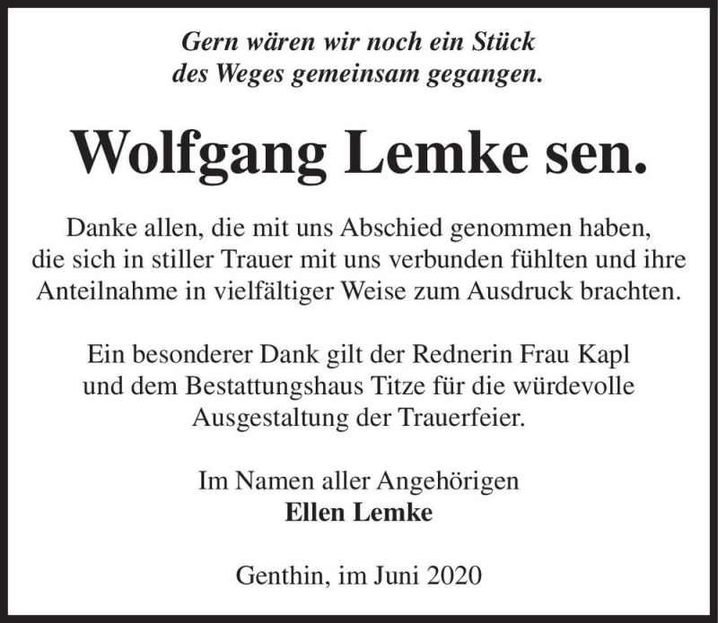 Traueranzeige für Wolfgang Lemke sen.  vom 27.06.2020 aus Magdeburger Volksstimme