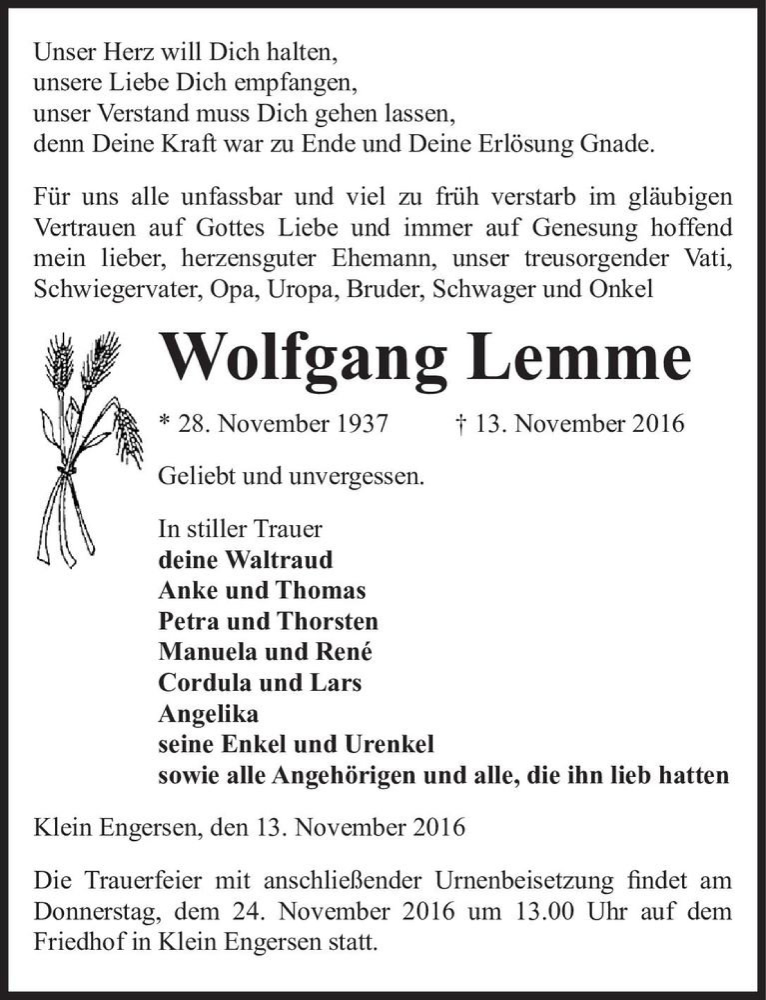  Traueranzeige für Wolfgang Lemme  vom 15.11.2016 aus Magdeburger Volksstimme