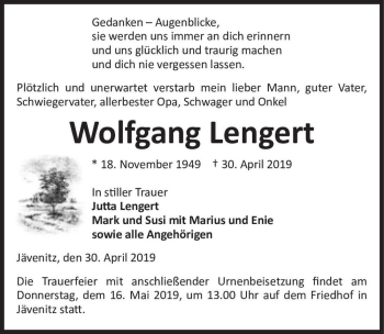Traueranzeige von Wolfgang Lengert  von Magdeburger Volksstimme
