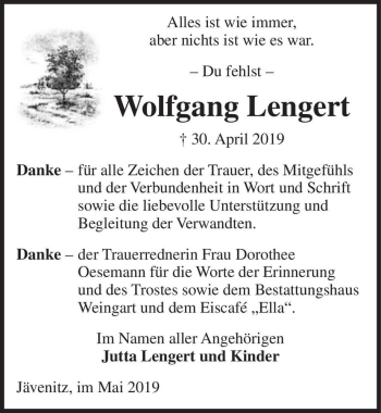 Traueranzeige von Wolfgang Lengert  von Magdeburger Volksstimme