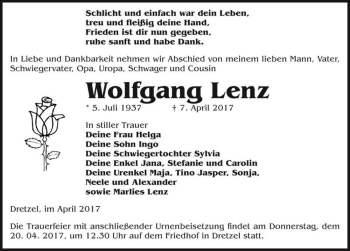 Traueranzeige von Wolfgang Lenz  von Magdeburger Volksstimme