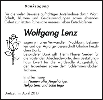 Traueranzeige von Wolfgang Lenz  von Magdeburger Volksstimme