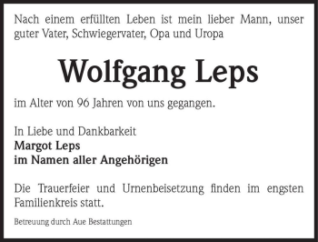 Traueranzeige von Wolfgang Leps  von Magdeburger Volksstimme