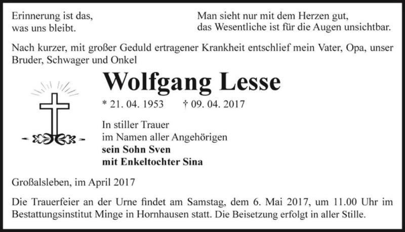  Traueranzeige für Wolfgang Lesse  vom 18.04.2017 aus Magdeburger Volksstimme
