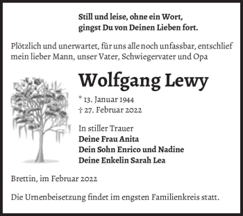 Traueranzeige von Wolfgang Lewy  von Magdeburger Volksstimme
