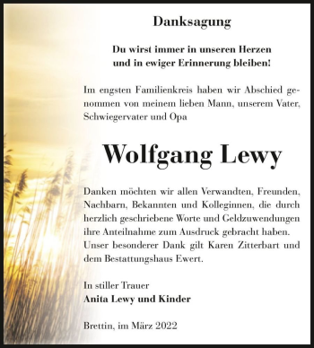 Traueranzeige von Wolfgang Lewy  von Magdeburger Volksstimme
