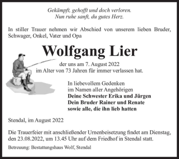 Traueranzeige von Wolfgang Lier  von Magdeburger Volksstimme