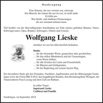 Traueranzeige von Wolfgang Lieske  von Magdeburger Volksstimme