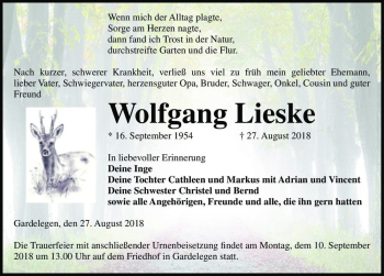 Traueranzeige von Wolfgang Lieske  von Magdeburger Volksstimme