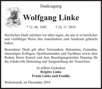 Traueranzeige von Wolfgang Linke  von Magdeburger Volksstimme