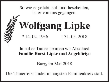 Traueranzeige von Wolfgang Lipke  von Magdeburger Volksstimme