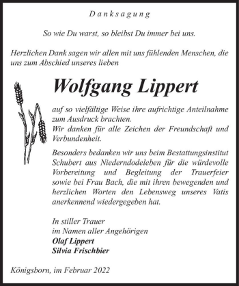 Traueranzeige von Wolfgang Lippert  von Magdeburger Volksstimme