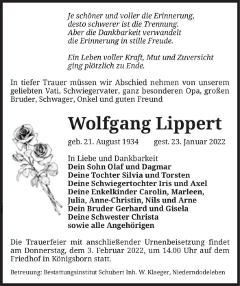 Traueranzeige von Wolfgang Lippert  von Magdeburger Volksstimme