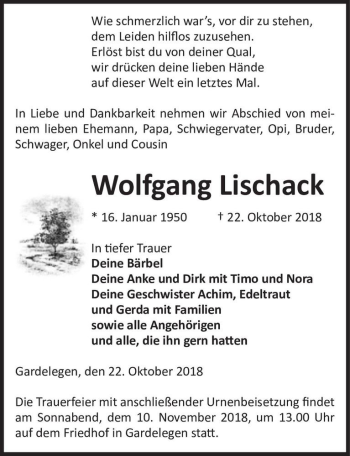 Traueranzeige von Wolfgang Lischack  von Magdeburger Volksstimme
