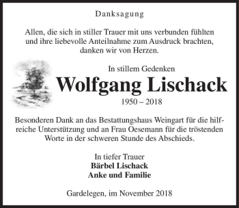 Traueranzeige von Wolfgang Lischack  von Magdeburger Volksstimme