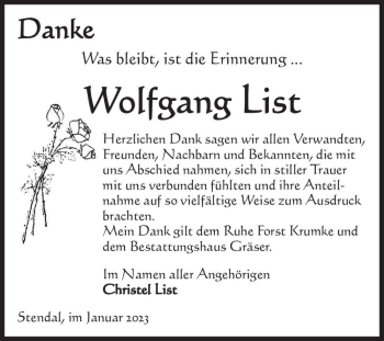 Traueranzeige von Wolfgang List  von Magdeburger Volksstimme