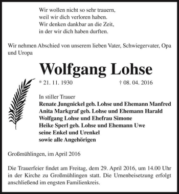 Traueranzeige von Wolfgang Lohse  von Magdeburger Volksstimme