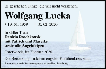 Traueranzeige von Wolfgang Lucka  von Magdeburger Volksstimme