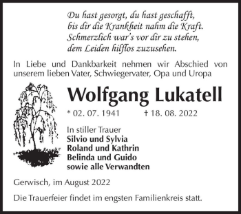 Traueranzeige von Wolfgang Lukatell  von Magdeburger Volksstimme
