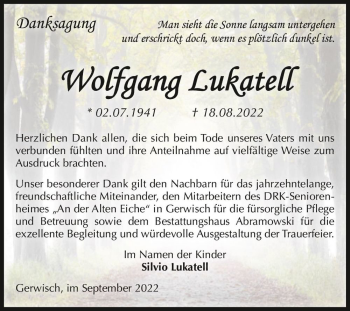 Traueranzeige von Wolfgang Lukatell  von Magdeburger Volksstimme