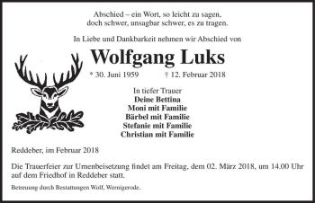 Traueranzeige von Wolfgang Luks  von Magdeburger Volksstimme