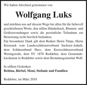 Traueranzeige von Wolfgang Luks  von Magdeburger Volksstimme