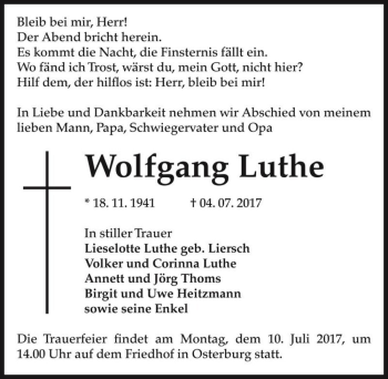 Traueranzeige von Wolfgang Luthe  von Magdeburger Volksstimme