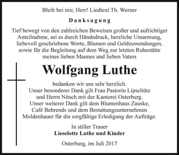Traueranzeige von Wolfgang Luthe  von Magdeburger Volksstimme