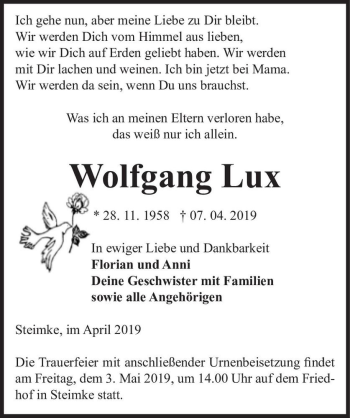 Traueranzeige von Wolfgang Lux  von Magdeburger Volksstimme