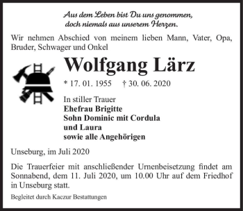 Traueranzeige von Wolfgang Lärz  von Magdeburger Volksstimme