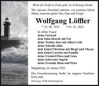 Traueranzeige von Wolfgang Löffler  von Magdeburger Volksstimme