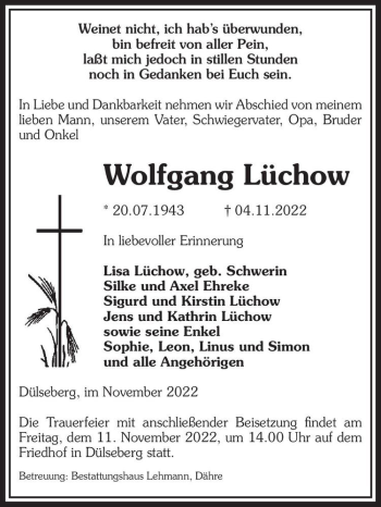 Traueranzeige von Wolfgang Lüchow  von Magdeburger Volksstimme