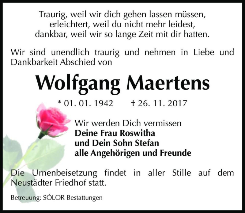  Traueranzeige für Wolfgang Maertens  vom 02.12.2017 aus Magdeburger Volksstimme