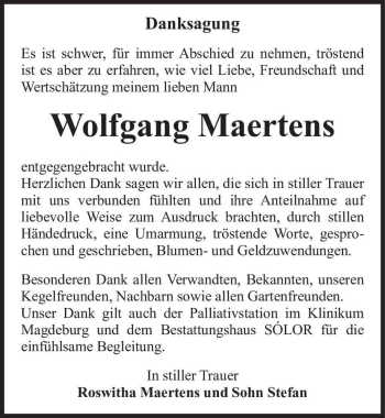 Traueranzeige von Wolfgang Maertens  von Magdeburger Volksstimme