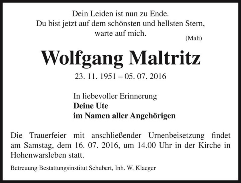  Traueranzeige für Wolfgang Maltritz  vom 09.07.2016 aus Magdeburger Volksstimme
