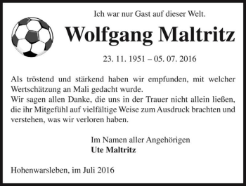 Traueranzeige von Wolfgang Maltritz  von Magdeburger Volksstimme