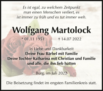 Traueranzeige von Wolfgang Martolock  von Magdeburger Volksstimme