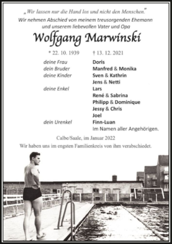 Traueranzeige von Wolfgang Marwinski  von Magdeburger Volksstimme