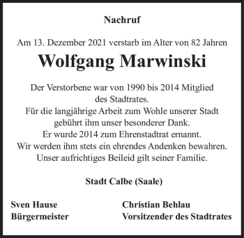 Traueranzeige von Wolfgang Marwinski  von Magdeburger Volksstimme