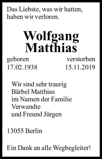 Traueranzeige von Wolfgang Matthias  von Magdeburger Volksstimme