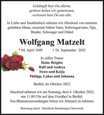 Traueranzeige von Wolfgang Matzelt  von Magdeburger Volksstimme
